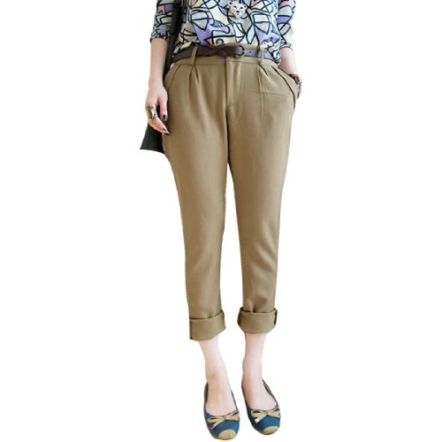 Allegra K Woman Two Pockets Front Zip Fly Cropped Pencil Pants Dark Khaki XS