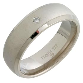 Men's Titanium Wedding Ring, Beveled Edge Shape set with Single Small Diamond Detail, 7mm Band Width - Size K