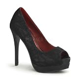 5 1/2 inch Heel, 3/4 inch Platform Peep Toe Pump Black Satin-Black Lace Overlay