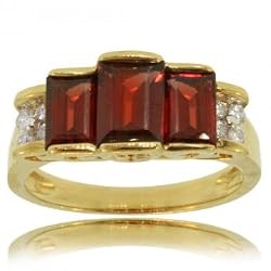 2CT Genuine Garnet & Diamond Three Stone Ring Set in Solid Yellow Gold - Size 7