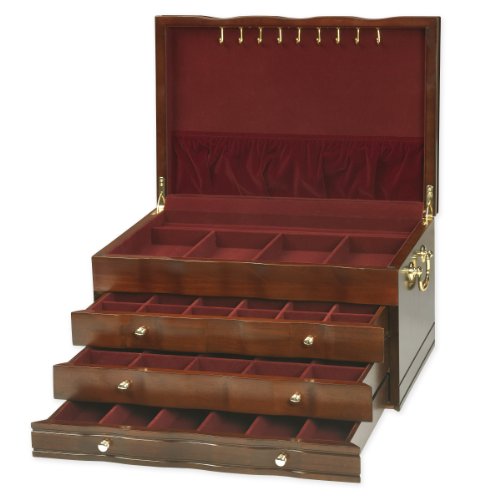 Large Mahogany Wood Finish Jewelry Box - 9 Pendant Hooks Ring Bars Three Drawers for Earrings Chains Pins & Bracelets - Brass Finished Handles