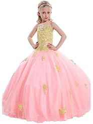 Girls High-Neck Floor Length Organza Lace Sequined Applique Crystal Crystals Flower-Girl Dress/Pageant Dress 
