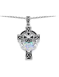 Celtic Love by Kelly (tm) Claddagh Cross pendant with 7mm Heart Shape Created Opal in 925 Sterling Silver
