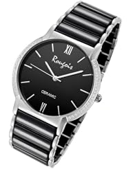 Rougois Luxe Series Black Ceramic Steel Watch with Crystal Accents