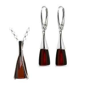 Black Cherry Amber and Sterling Silver Modern Set Leverback Earrings Necklace 18