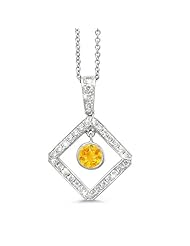 Diagonal Square And Circle Diamond Pendant In 18K White Gold With A 0.40 ct. Genuine Citrine Center Stone.