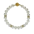 White 7-8mm AAA Cultured Pearl Strand 18K Yellow Gold Overlay Sterling Silver Diamond Cubic Zirconia Roundel Bracelet 7" LS1R2)
