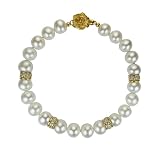 White 7-8mm AAA Cultured Pearl Strand Bracelet w. 18K Yellow Gold Overlay Sterling Silver Diamond Cubic Zirconia Roundel and Rose Clasp 7