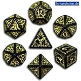 Q-Workshop Polyhedral 7-Die Set: Carved Elven Elvish Dice Set (Black and Yellow)