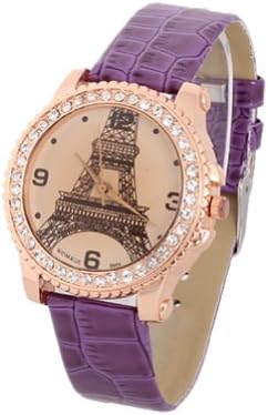HACBIWA Women Lady Girl Bling Jewelry Tower Purple Letheroid Big Dial Wrist Watches