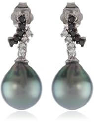 10k White Gold Black Tahitian Cultured Pearl with Diamond Accent Earrings (1/7 cttw, H-I Color, I2-I3 Clarity)