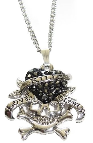 ed hardy purses-Ed Hardy Inspired Love Kills Slowly Black Crystal Heart and Skull Necklace Images