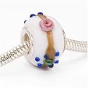 Murano Style Glass Lampwork Bumpy Bead Fits Pandora White with Rose & Blue Dots 15mm (1)