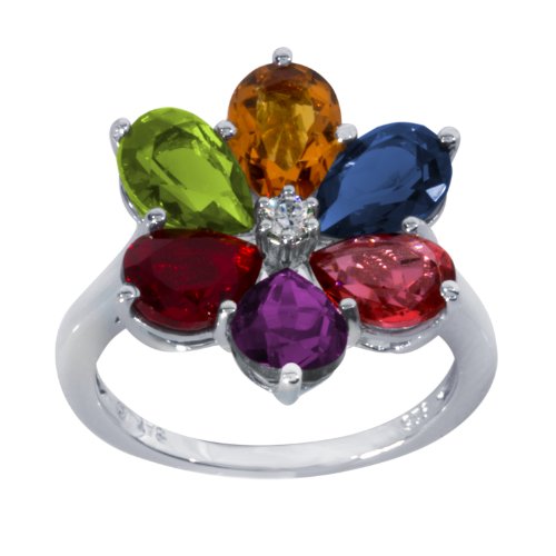 Sterling Silver Multi-Color Crystal and Cubic Zirconia Ring, Size 7