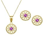 10k Yellow Gold, February Birthstone, Amethyst Floral Disc Earring and Pendant Set