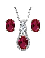 2.37 Ct Oval Red Created Ruby 14K White Gold Pendant Earrings Set