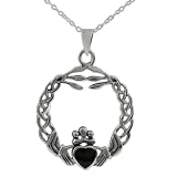Sterling Silver Onyx Braided Claddagh Pendant with 18 inch Cable Chain