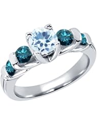 2.07 Ct Round Sky Blue Topaz Blue Diamond 14K White Gold Ring