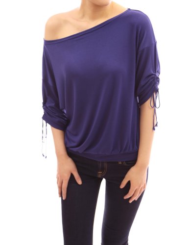 PattyBoutik Boat Neck/One Shoulder Drawstring Short Sleeve Banded Causal Knit Top (Blue L)
