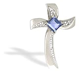 14K White Gold Genuine Square Tanzanite and Diamond Cross Pendant
