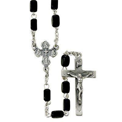 4×6mm Black Square Wood Rosary Beads on 30 1/2″ Rosary Necklace w/ Silver Plated Crucifix & Center. The Neck Chain Size is 25″ Length.