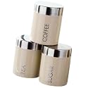 Premier Housewares Light Cream Enamel Rubber Sealed Tea, Coffee and Sugar Canisters with Silver Lid and Word Detail, Set of 3