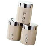 Premier Housewares Light Cream Enamel Rubber Sealed Tea, Coffee and Sugar Canisters with Silver Lid and Word Detail, Set of 3