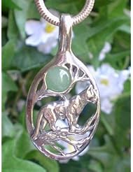 Sterling Silver Cougar or Lion Cat with Green Aventurine Moon Pendant