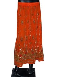 Designer Womens Bohemian Chic Flame Orange Dcrapechic Beaded Embroidered Bellydance Skirt