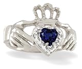 14K White Gold Genuine Heart Sapphire and Diamond Celtic Claddagh Ring