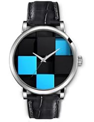 SPRAWL Aanalog Fashion Series Silver Ladies Watches of Genuine Black Leather Strap,Unique Wrist Watch for Women Girls Designed with Blue and black cubes