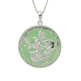 Sterling Silver Green Jade Greek Key Frame Round Dragon Pendant on Chain, 18 by Amazon.com Collection