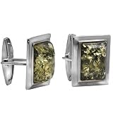 Sterling Silver Green Amber Rectangular Classic Cuff Links