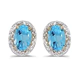 14K Yellow/White Gold 0.02 ct. Diamond and 6 x 4 MM Oval Shaped Blue Topaz Earrings