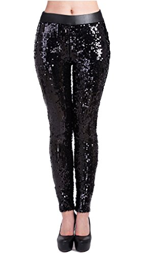 Lotsyle Women's Faux Leather Shiny Sequins Party Footless Leggings Pants