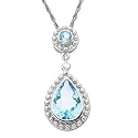 14k White Gold Blue Topaz and Diamond Drop Pendant, 18"