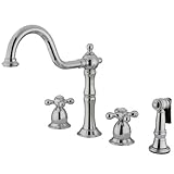 IMAGE OF Kingston Brass Heritage Widespread Kitchen Faucet w/ Brass Sprayer, Metal Cross, Polished Brass Finish