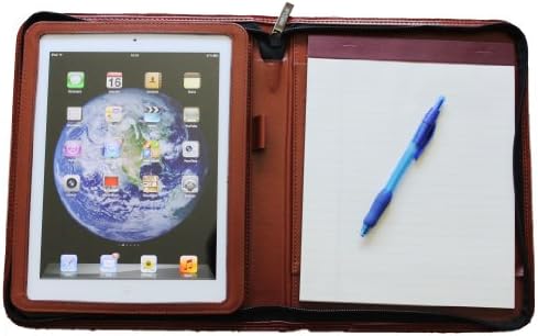 Case Elegance for Apple iPad: brown synthetic leather, good for iPad 2, iPad 3 (the new iPad), iPad 4 (iPad with Retina display), writing pad (7x10") and microfiber cloth included, velcro strap flip design
