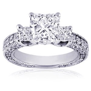 Antique 2.00CT Real Princess Cut Diamond Engagement Ring Engraved Heirloom Pave
