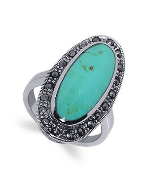 .925 Sterling Silver Marcasite Band Turquoise Gemstone Ring