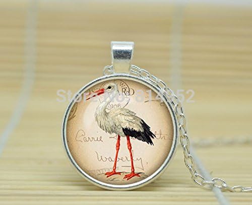 VintaStore Art Glass Necklace Heron Necklace Ephemera French Postcard Pendant Ephemera Jewelry Cabochon Necklace A1367