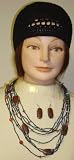 Multi Strand Very Fine Onyx and Other Beads Medium Chain Necklace with Earrings Offered in Combination with Hand Crocheted Black Mercerized Cotton Skull Cap
