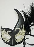 (L) Masquerade Ball Feather Mask in Black w/ Silver and Gold Sparkles Swan Pattern Flashing Trim Decor