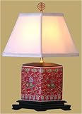 Asian D&eacute;cor - 17" Chinese Red Porcelain Square Jar Oriental Desk Lamp w/ Shou Symbol Finial