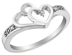 Diamond Double Heart Promise Ring in Sterling Silver, Size 8