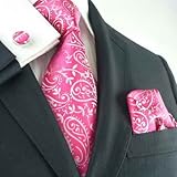 Landisun 69G Bright Pink Fuchsia Paisleys Mens Silk Tie Set: Tie+Hanky+Cufflinks