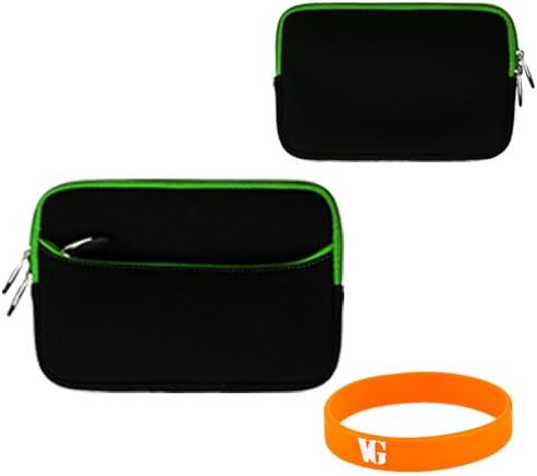 Stylish Water Resistant Neoprene 7 Inch Kindle Fire HD Case in Black with Green Trim Double Stitched Zipper and interior zipper guard Guaranteed not scratch your Device + Vangoddy Bracelet
