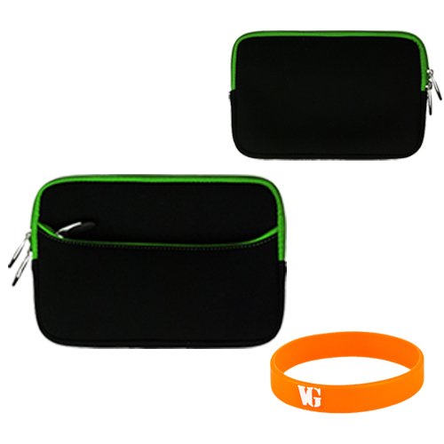 Stylish Water Resistant Neoprene 7 Inch Kindle Fire HD Case in Black with Green Trim Double Stitched Zipper and interior zipper guard Guaranteed not scratch your Device + Vangoddy Bracelet