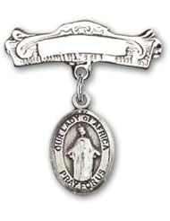 Sterling Silver Baby Badge with Our Lady of Africa Charm and Arched Polished Badge Pin