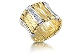 14K Yellow Gold Matte-Finish Hand-Crafted and Etched Designer Mesh Ring, Enhanced with White Gold Pave Set Diamond Bars.